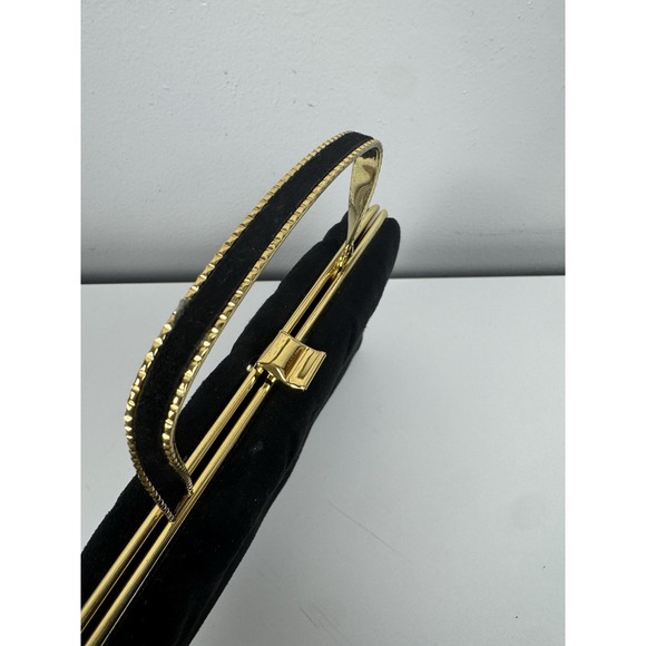 Vtg 1960s Ande Black Fabric Evening Bag Gold Frame Top Handle Clutch - Picture 3 of 16